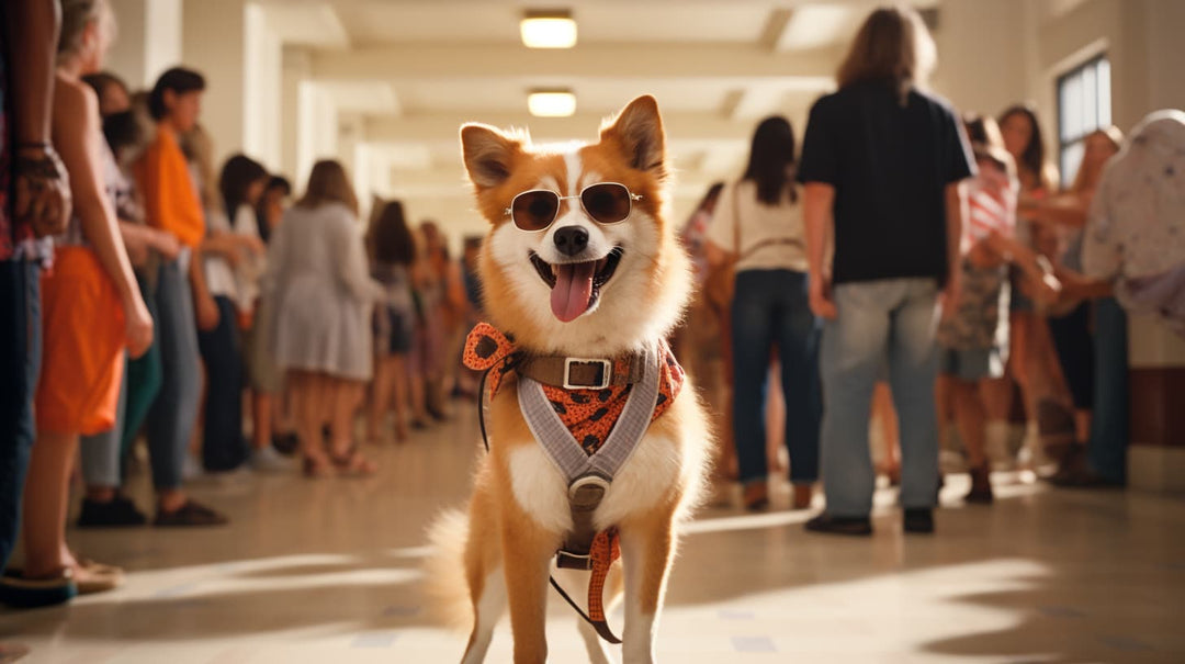 Dog in a hall ready for his first day of school.